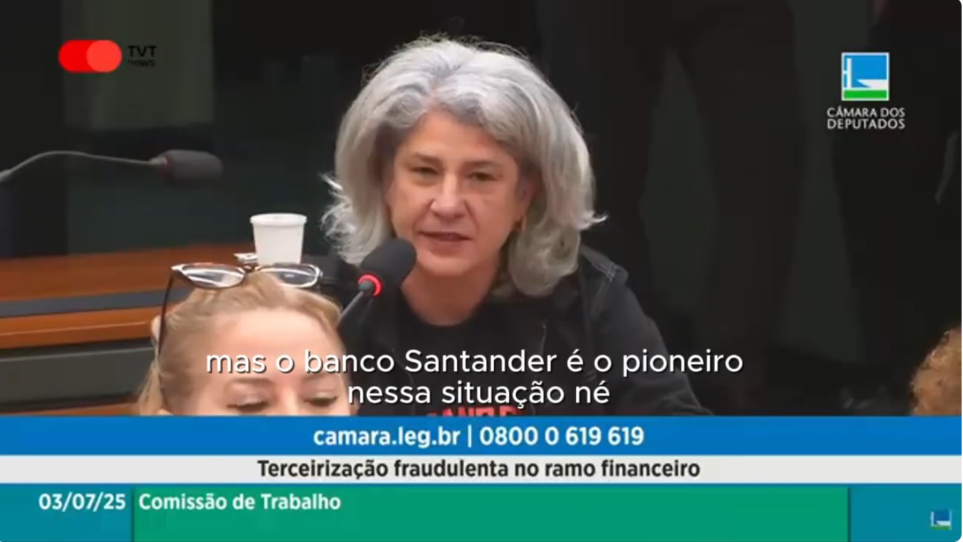 Vera Marchioni durante audiência que denunciou os ataques e fraudes do banco Santander